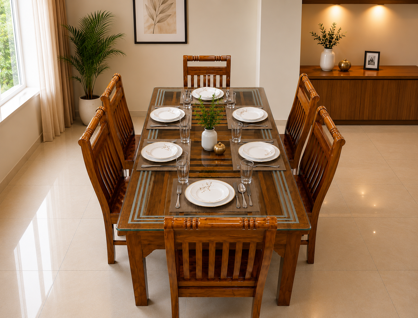 Full Teak Wood Dining Table  1+6 NF - FF - Glass Top